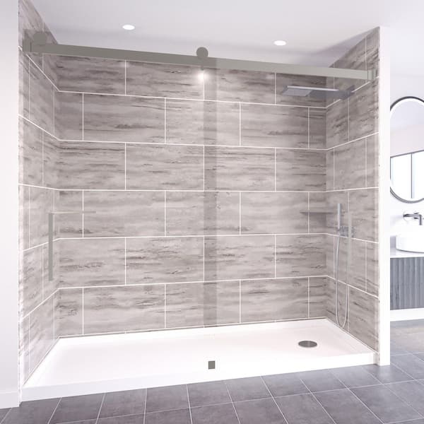 Driftwood-Tetherow 60 in. x 32 in. x 99 in. Floor/Ceiling Base/Wall/Door Alcove Shower Stall/Kit Brushed Nickel Right