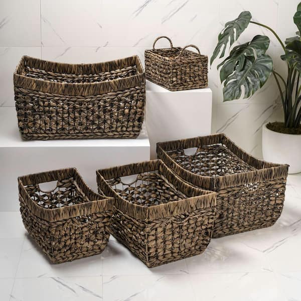 Aria Brown 21.26 in. x 11.42 in. Water Hyacinth Wicker Nesting Storage Decorative Basket, Brown (Set of 5)