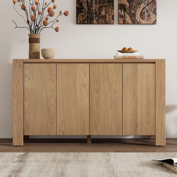 Natural Wood 59 in. W Sideboard with 4-Doors and Adjustable Shelves