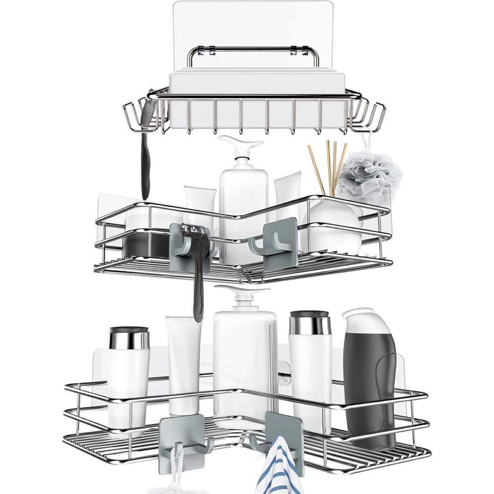 Corner Shower Caddy Basket with Hooks, Rustproof Stainless Steel Soap Dish,