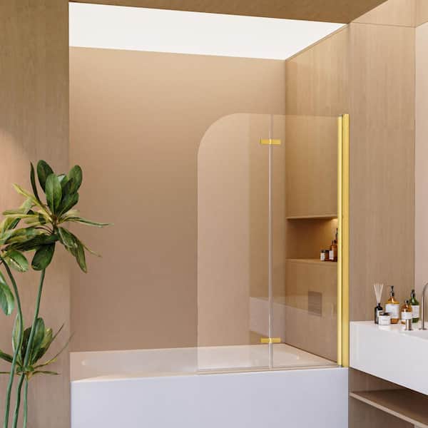 ANGELES HOME 34 in. W x 58 in. H Frameless Pivot Tub Door in Brushed Gold with Clear Glass, 1/4 in. (6mm), Reversible Installation
