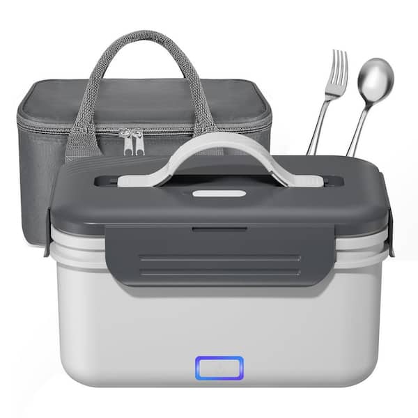 1.8L Gray Electric Lunch Box with Fork & Spoon,Insulated Carry Bag, Portable Food Warmer for Car/Office, 12V/24V/110V