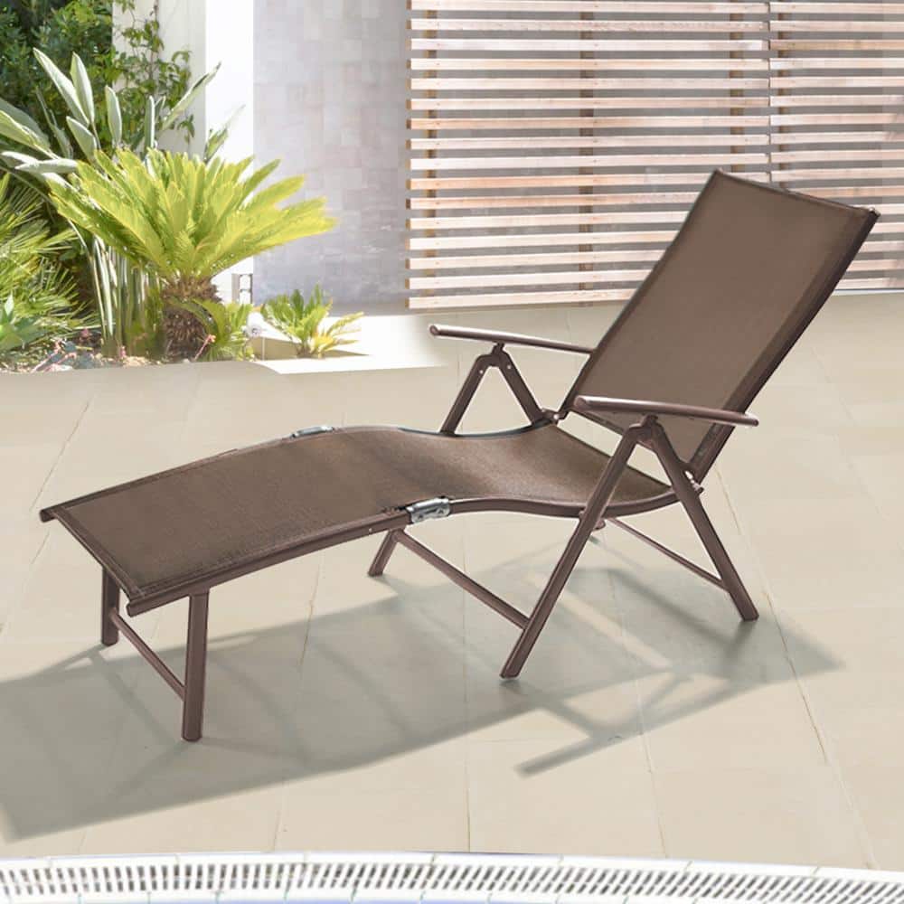 Brown Aluminum Outdoor Folding Chaise Lounge with Textilene Fabric