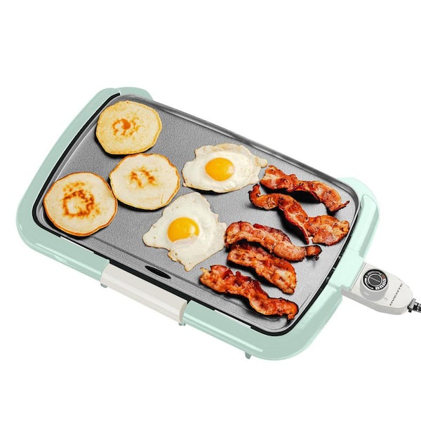 Non-Stick Plate Electric Griddle Countertop, Temperature Probe and Control Knob, Indicator Light and Drip Tray, Blue