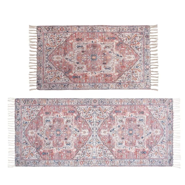 Chinille Fringe Machine Washable Blue/Red 2 ft. x 9 ft. Medallion 2-Piece Rug Set