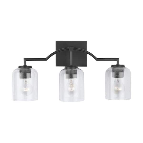 HOMEPLACE LIGHTING 22 in. W x 11 in. H x 6.5 in. E 3-Light Clear Seeded Glass Vanity Light in Matte Black