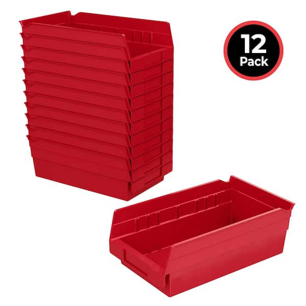 30130 Plastic Stackable Shelf Bins/ Storage Totes, 12 in. x 6 1/2 in. x 4 in. Red, (12-Pack)