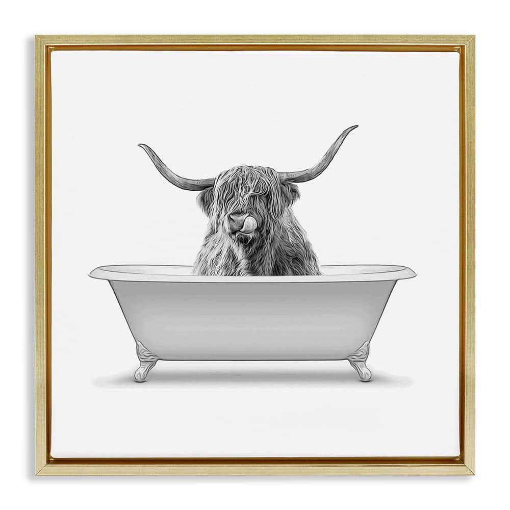 Longhorn Highland Cow Bath Tub by Annalisa Latella Gold Floater Frame Graphic Art Print Typography 18 in. x 18 in. price history on PriceWatchPro