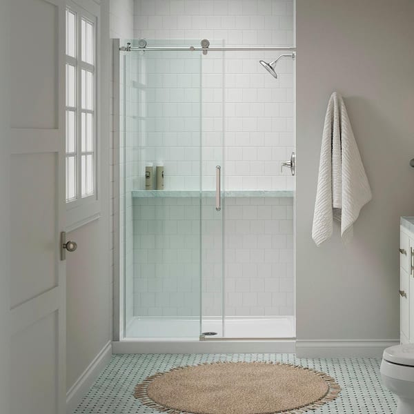 KOHLER Cursiva 44-48 in. W x 78 in. H Sliding Frameless Shower Door in Bright Polished Silver with 5/16 in. Thick Clear Glass
