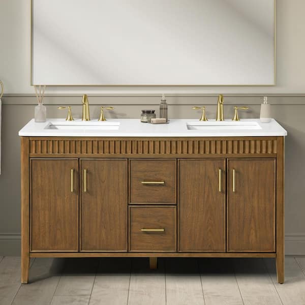 Juliette 60 in. Double Sink Freestanding Warm Walnut Bath Vanity with White Quartz Top and Brushed Gold Hardware