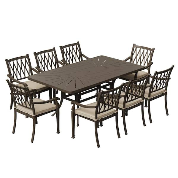 9-Piece Brown Cast Aluminum Patio Outdoor Dining Set with Rectangle Retro Table 8 Dining Chairs with Beige Cushion