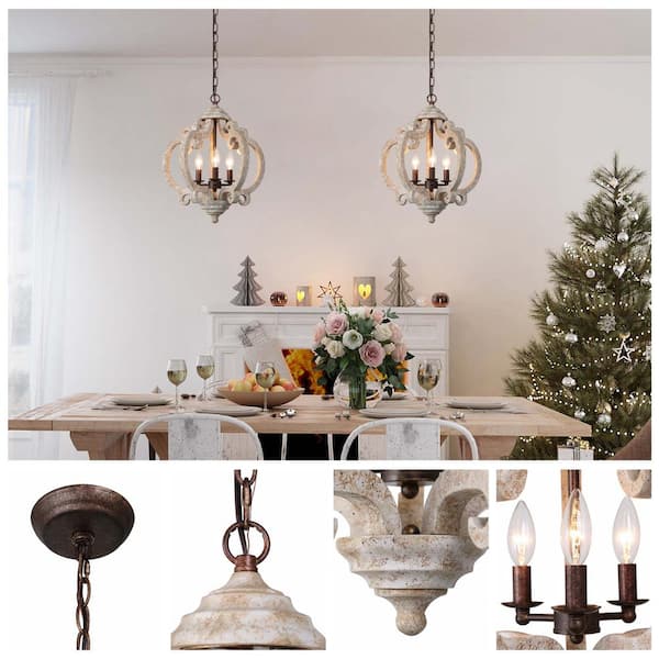 Wood Caged Chandelier, 3-Light Lantern Brown Round Chandelier Candlestick Farmhouse Island Pendant Rustic Chandelier