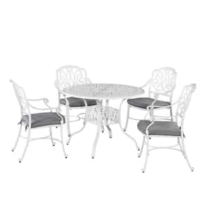 Capri White 5-Piece Cast Aluminum Round Outdoor Dining Set with Gray Cushions