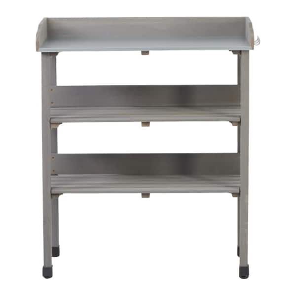 30 in. x 14.5 in. x 35.5 in. Outdoor Potting Table with Metal Top, 3-Layer Workbench & Hooks, Solid Wood Garden & Garage
