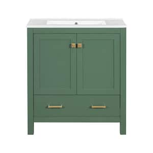 30 in. W Freestanding Single Sink Bath Vanity in Green with White Ceramic Top, Undersink Storage, Soft Close Doors