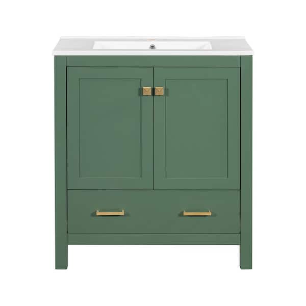 Aoibox 30 in. W Freestanding Single Sink Bath Vanity in Green with White Ceramic Top, Undersink Storage, Soft Close Doors