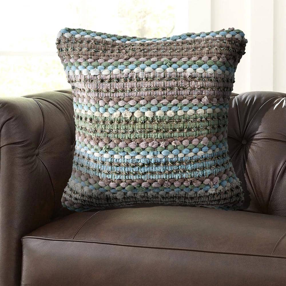 Verdant Green and Blue Textured Weave Square Throw Pillow