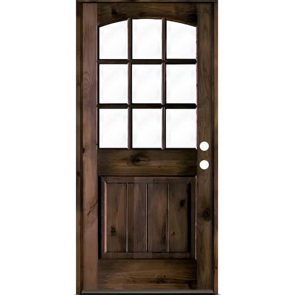 Krosswood Doors 36 in. x 80 in. Knotty Alder Left-Hand/Inswing 9-Lite Arch Top V-Panel Clear Glass Black Stain Wood Prehung Front Door