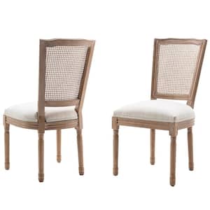 French Country Style Beige Rattan Upholstered Dining Chair, Kitchen Wooden High Back Side Chair (Set of 2)