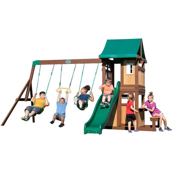 Backyard Discovery Lakewood All Cedar Wood Children's Swing Set Playset w/ Elevated Clubhouse, Snack Window, Swings, Trapeze and Wave Slide