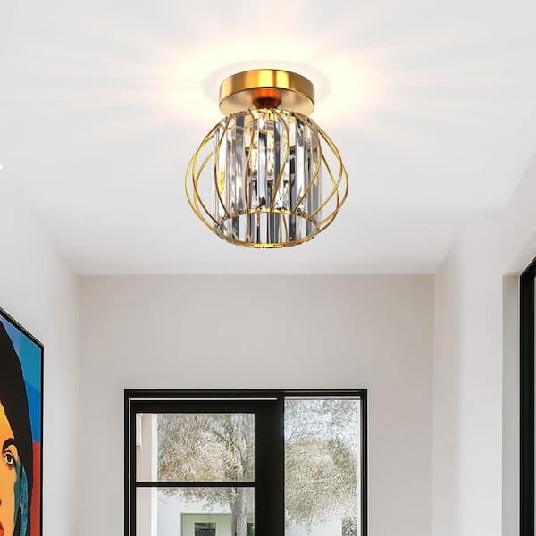 7 in. 1-Light Modern Crystal Semi Flush Mount Ceiling Light，Gold Cage Design for Hallway, Entryway, or Bedroom