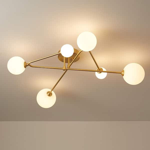 Ceder 33.9 in. 6-Light Brass Sputnik Semi-Flush Mount with Opal Glass Shade for Living Room