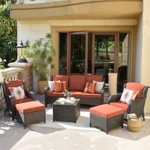 New Kenard Brown 6-Piece Wicker Patio Conversation Set with Orange Red Cushions