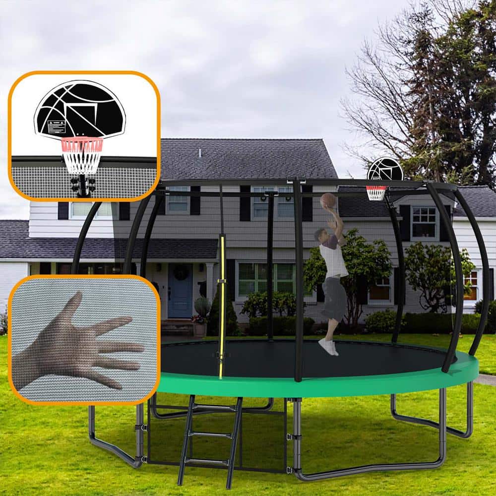 12FT Black Round Kids' Trampoline with Safety Enclosure and Ladder