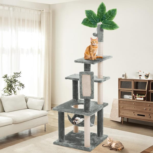 null Deep Gray Modern Cat Tree Pet Tower with Scraching Ramp, Hanging Ball