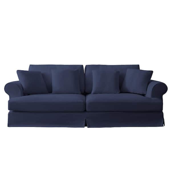 Lesly Lazy Style 102 in. Wide Round-Arm Cotton and Linen Fabric Removable Covers Rectangle 2-Seater Sofa in. Dark Blue