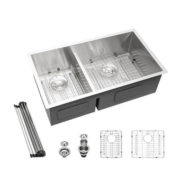 28 in. Undermount Double Bowl 16-Gauge 60/40 Brushed Nickel Stainless Steel Kitchen Sink 10in. Deep Basin w/ Bottom Grid