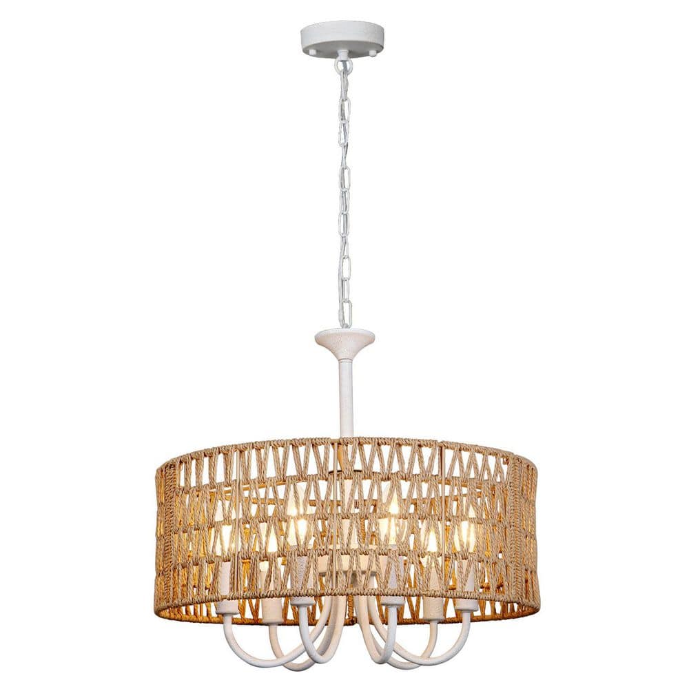 17.7 in. 6-Light Large Woven Rattan Coastal Rustic White Farmhouse Chandeli