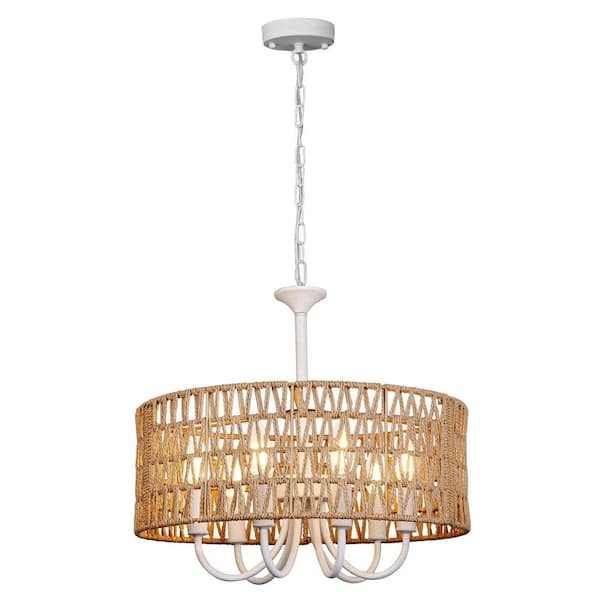 Unbranded 17.7 in. 6-Light Large Woven Rattan Coastal Rustic White Farmhouse Chandelier for Dining Room Kitchen Entryway