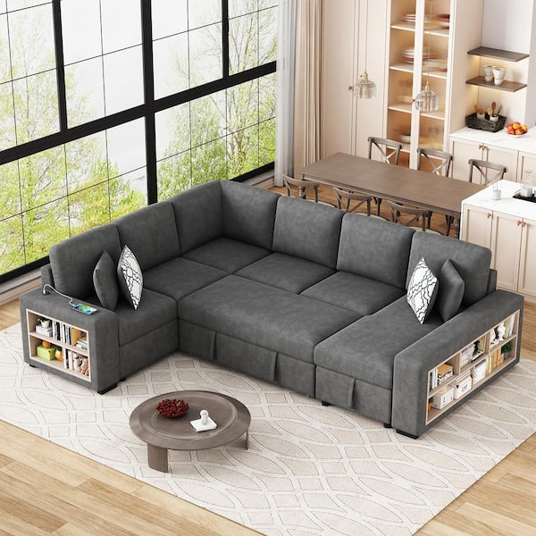 Harper & Bright Designs 109 in. Gray Chenille Twin Size Pull-Out Sofa Bed U-Shaped Sectional Sofa with Built-in Storage, USB Ports, 4 Pillows