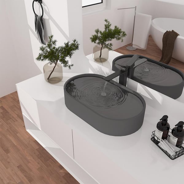 23.62 in . Concrete Oval Vessel Bathroom Sink in Black Earth with Matching Drain