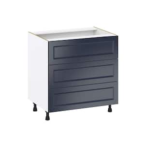 33 in. W x 24 in. D x 34.5 in. H Devon Painted Blue Shaker Assembled Base Kitchen Cabinet with 3 Even Drawers