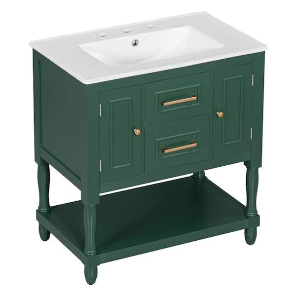 Unbranded 30 in. W x 18 in. D x 33 in. H Single Sink Freestanding Bath Vanity in Green with White Ceramic Top