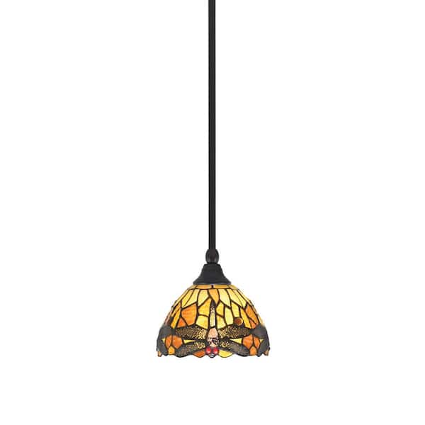 Unbranded Sparta 100-Watt 1-Light Espresso Shaded Pendant Light Mini Pendant with Amber Dragonfly Art Glass, No Bulb Included