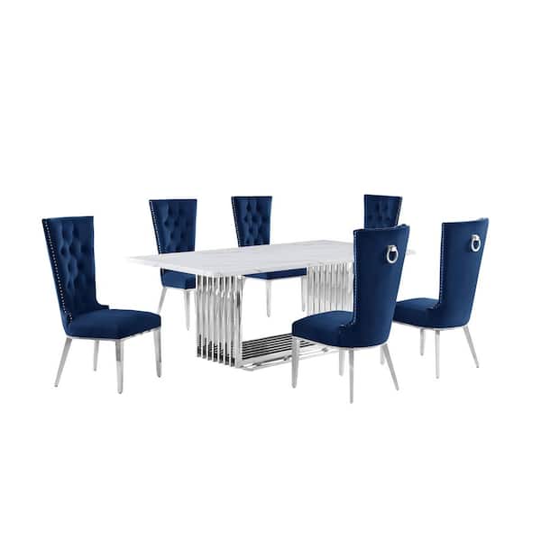 Lisa 7-Piece Rectangular White Marble Top Stainless Steel Base Dining Set With 6-Navy Blue Velvet Fabric Chairs