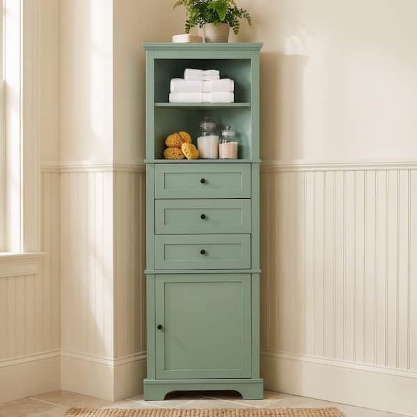23 in. W x 13 in. D x 69 in. H Green Freestanding Slim Linen Cabinet, Tall Cabinet with Drawers and Adjustable Shelves