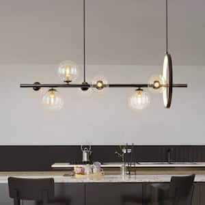 Richeson 7-Light Black Modern Linear Chandelier for Dining Room with Clear Bubble Globe Glass