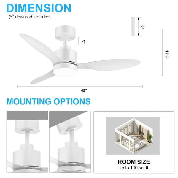 42 in. White Covered Outdoor Downrod Mount Standard Ceiling Fan with 3-White ABS Blades, LED and Remote Included