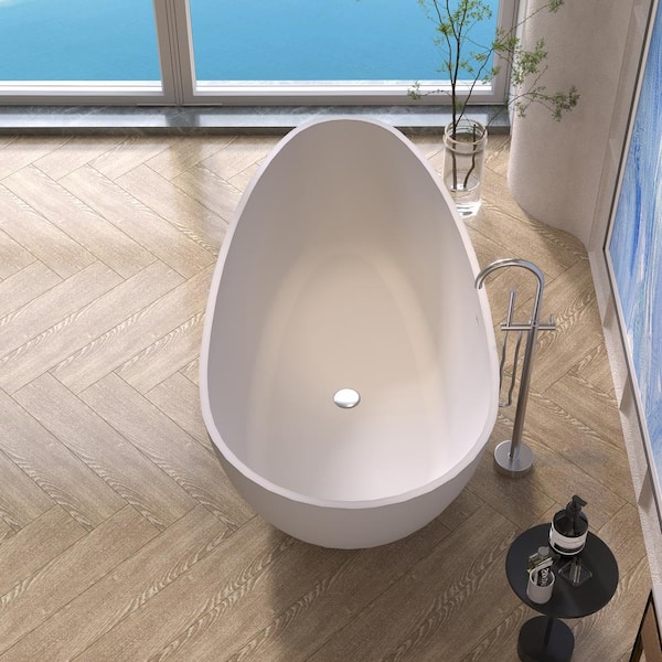 Foyil 67 in. x 34 in. Solid Surface Stone Resin Flatbottom Freestanding Bathtub Soaking Bathtub in Matte White