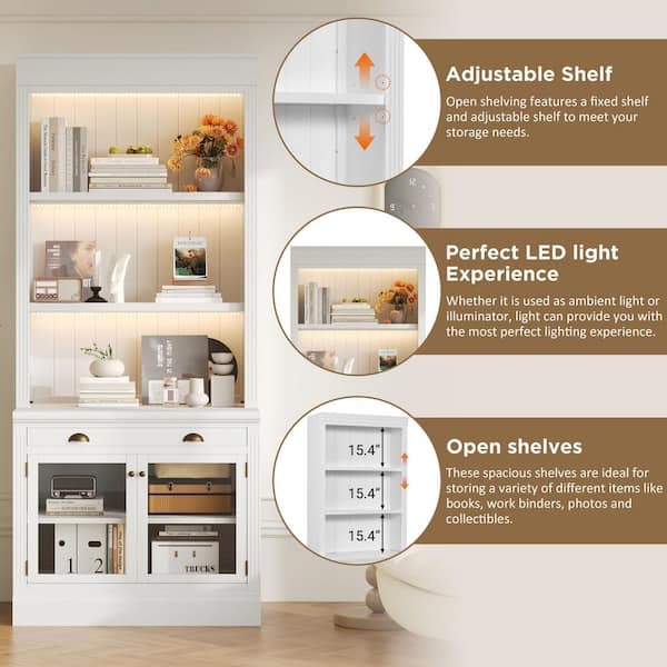 83.4 in. Tall White Wood 3-Shelf Standard Bookcase with LED Lighting, 2 Glass Doors and 1 Drawer