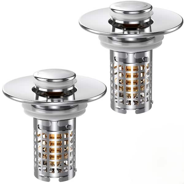2-Piece Universal Bathroom Sink Drain Stopper with Removable Basket and Pop-Up Mechanism in Stainless Steel Finish