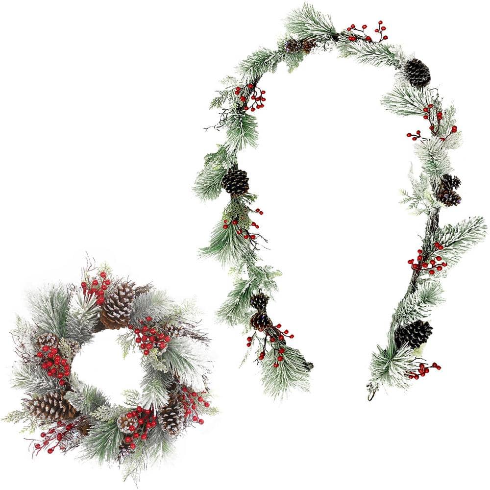 24 in. Frosted Pine Artificial Christmas Wreath and Garland Set with Red Be