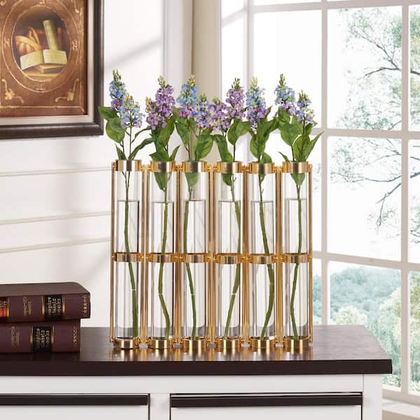 DANYA B 16 in. H x 2.5 in. D Iron and Glass Decorative Tube Hinged Vases on Rings Stands - Gold