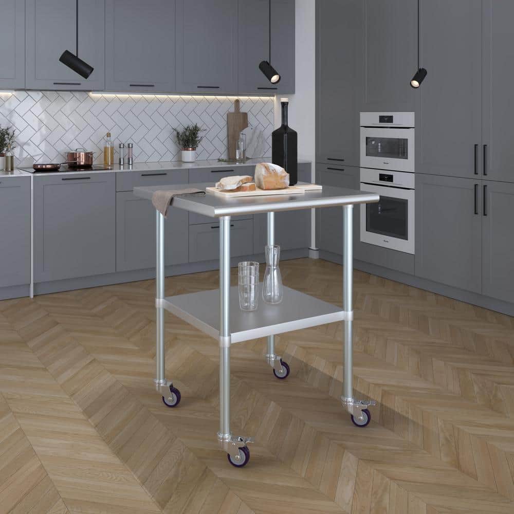 30" Stainless Steel Utility Work Table with Galvanized Undershelf and Casters