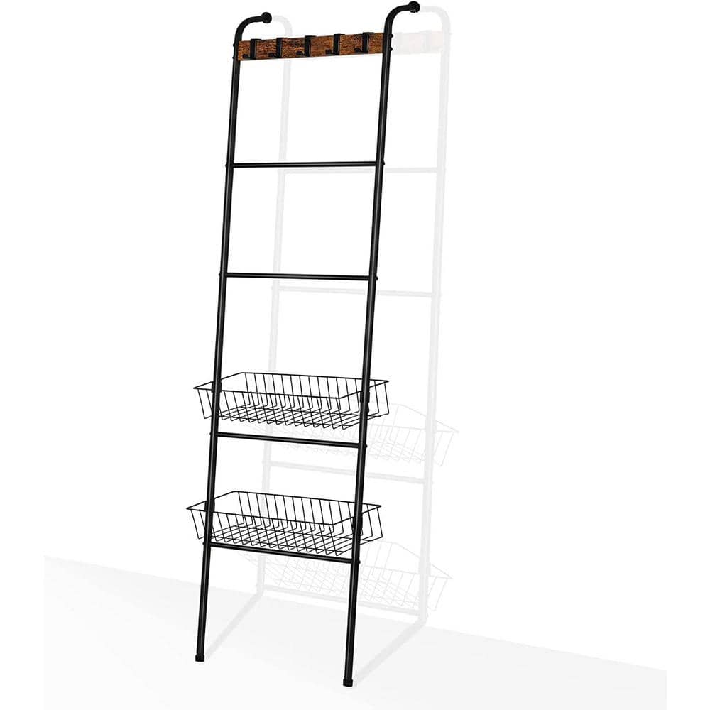 Oumilen Blanket Ladder Black Farmhouse Leaning Towel Ladder Holder with 2 Metal Baskets, 5 Hooks