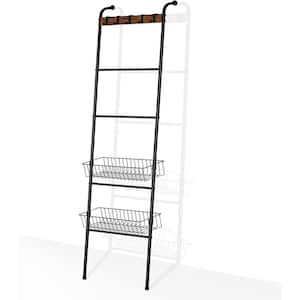 Blanket Ladder Black Farmhouse Leaning Towel Ladder Holder with 2 Metal Baskets, 5 Hooks